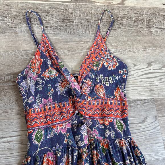 Angie Boho Maxi Dress Navy Floral Print Tiered Skirt Tie Front Festival S - Picture 2 of 6